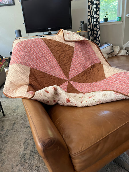 Handmade Baby Quilt: Pink & Brown Boho Windmill