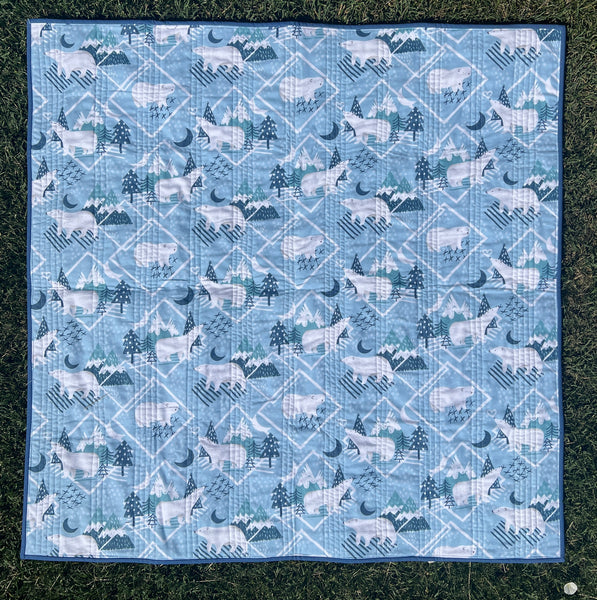 Image of Nemo and Stitch's handmade baby quilt for sale, photographed from the back. Blue patterned flannel baby quilt for sale, baby gift. 